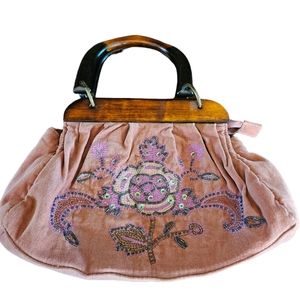 1980s vintage gently used suede pink beaded and sequin hand bag.